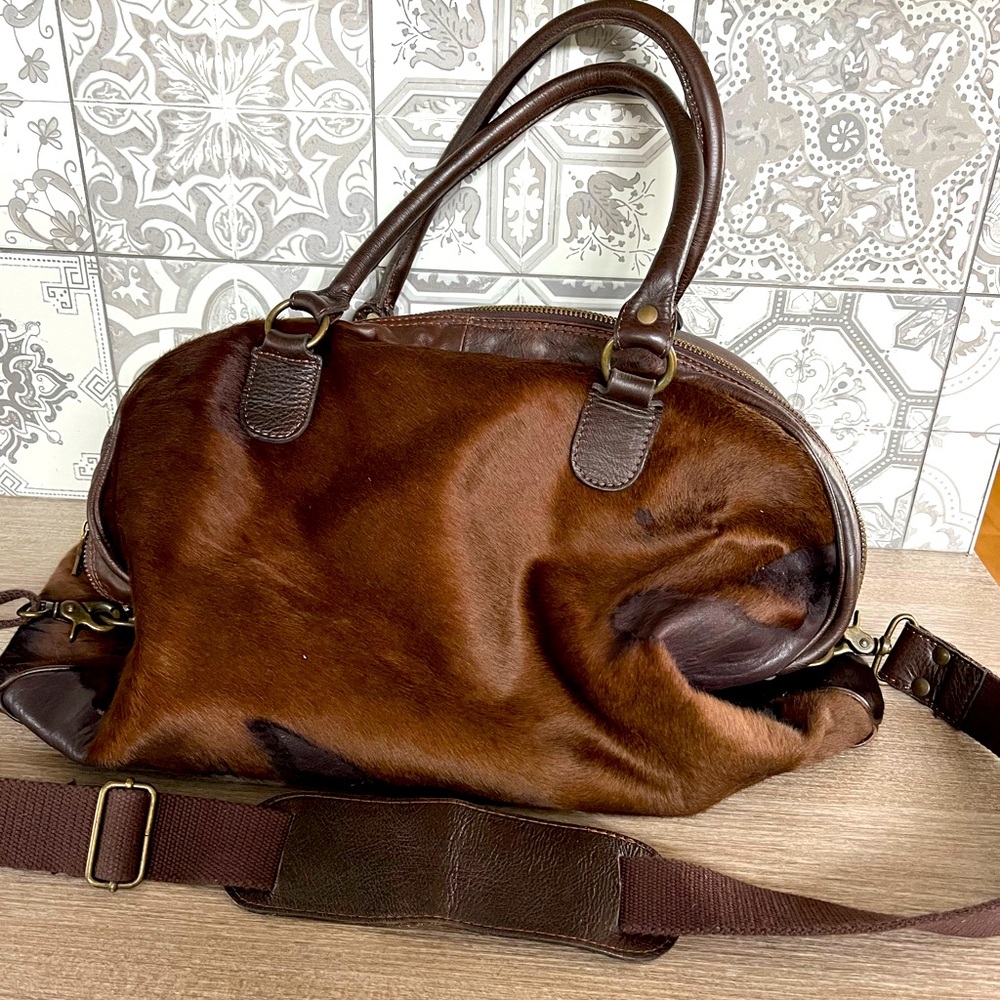 Brown Leather Duffel Bag with adjustable strap